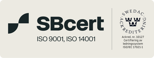 SBcert – ISO 9001 and ISO 14001 accredited certification (Swedac, acc. no. 10127)