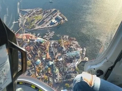 View from the helicopter cockpit over Gamla Stan and Stockholm's harbour