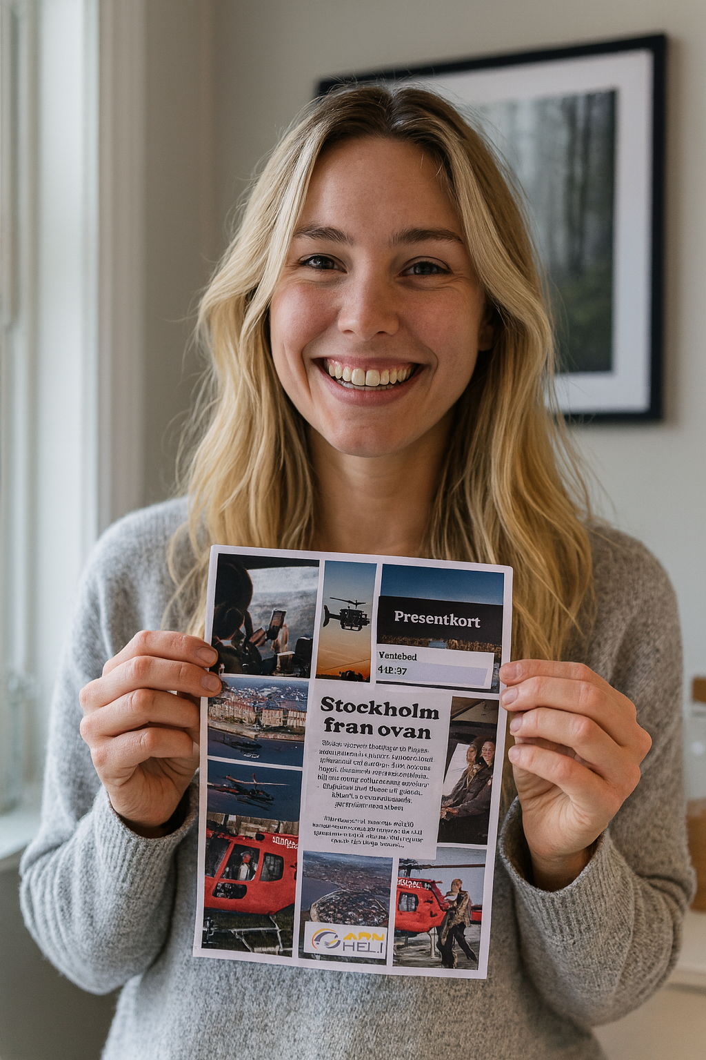 Happy recipient holding up a gift card for a helicopter tour over Stockholm