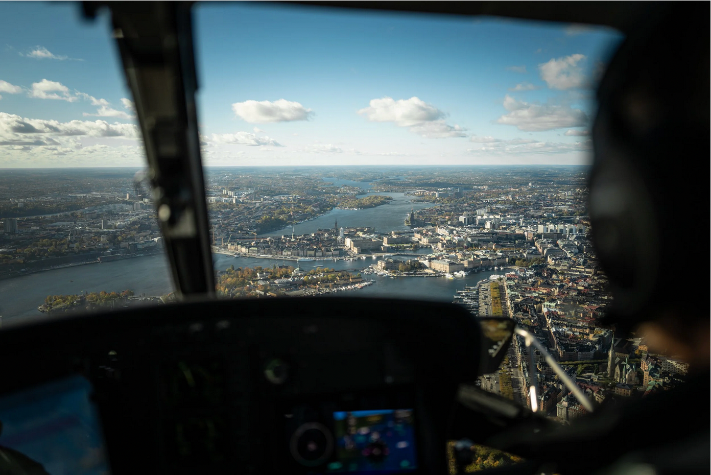View of Stockholm from a helicopter cockpit