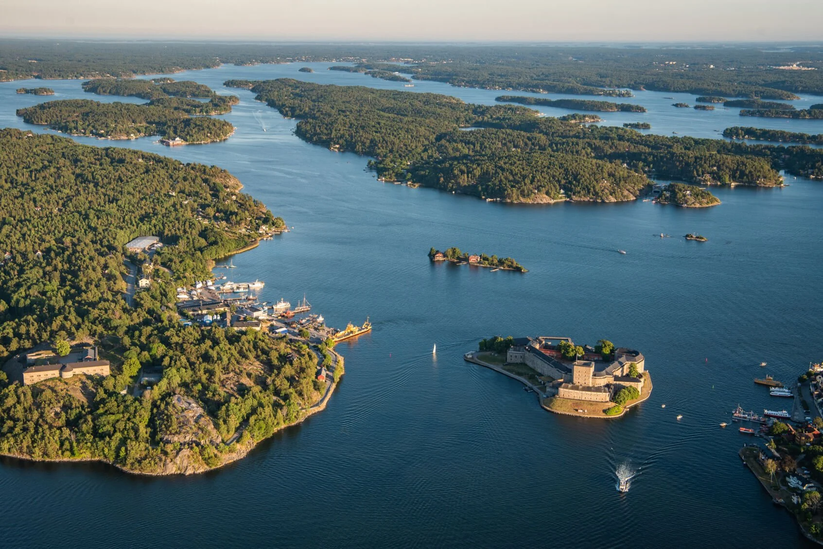 Stockholm's inner archipelago from above with Vaxholm fortress