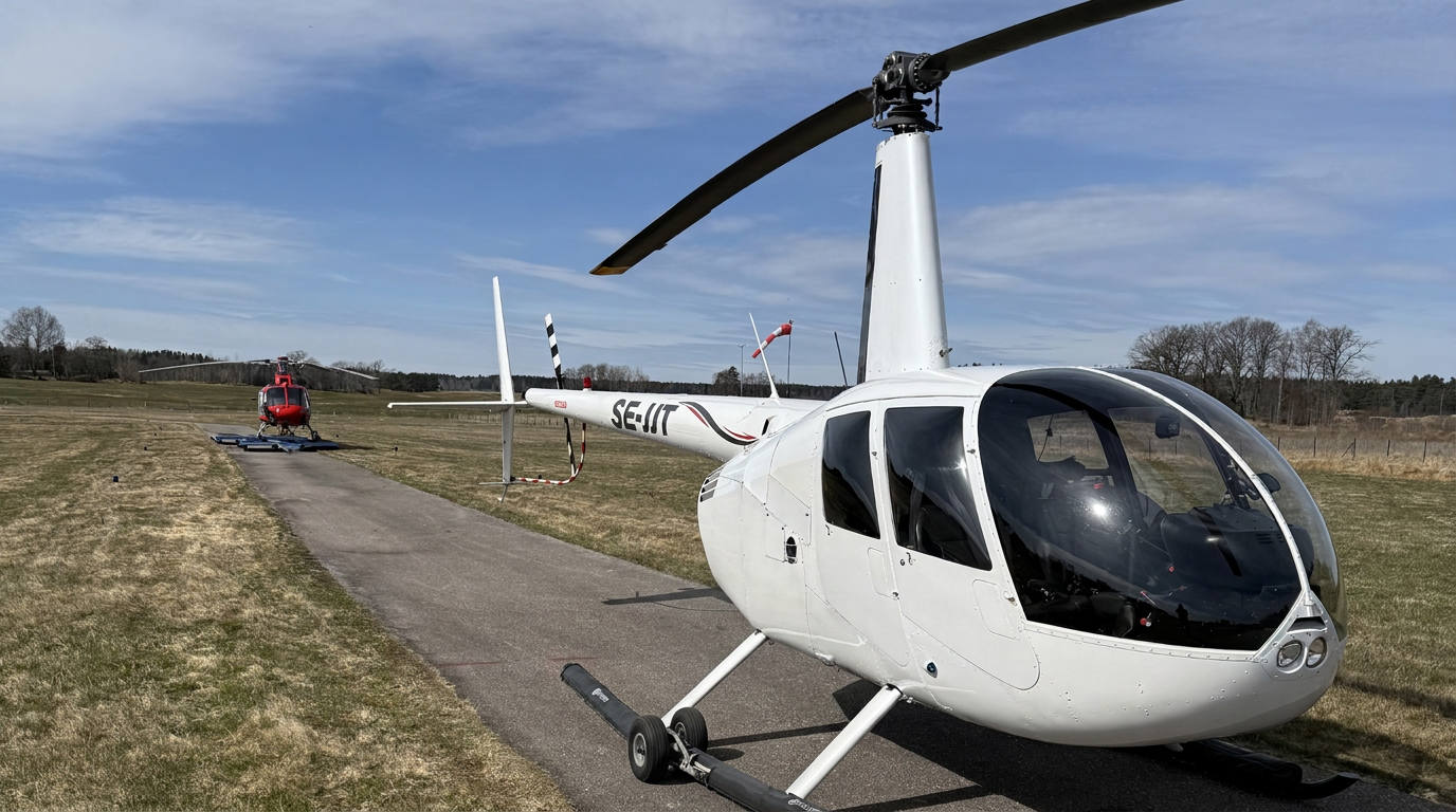Robinson R44 SE-IJT på flygfältet inför provflygning med helikopter